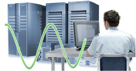 This is a picture of application monitor with a man and servers