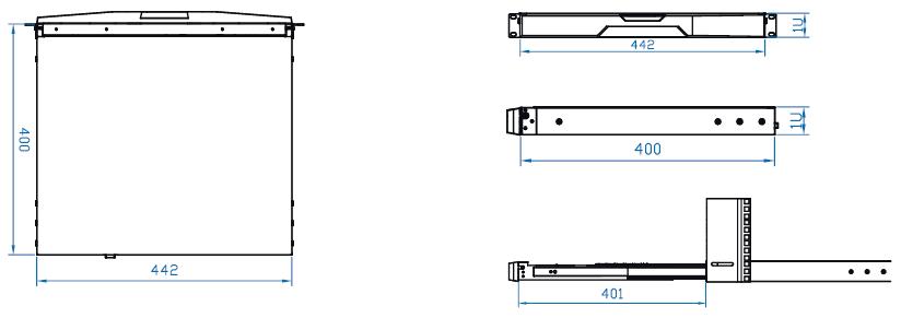 This is a picture of a 1RU keyboard drawer diagram in millimetres
