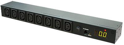 This is a picture of a 8 way smart PDU with IEC C13 sockets