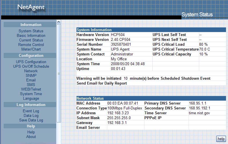 This is a picture of NetAgent's system information web screen shot