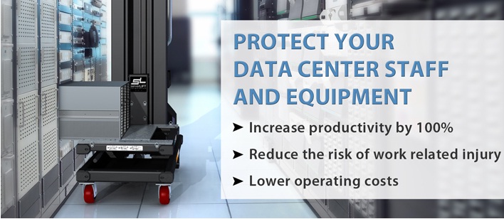 This is a picture of a automatic server lift lifting a server into a rack