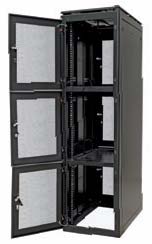 This is a picture of a co-location 3 tier server rack cabinet with perforated doors