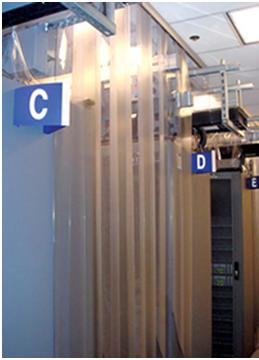 This a picture of cold aisle containment curtains with row labelling